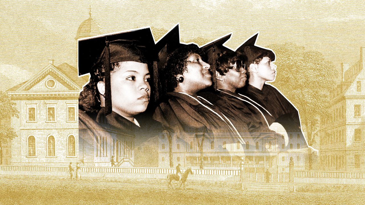 Four women wearing caps and gowns