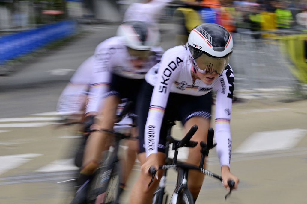 Germany Female Team Messane Brautigam, Magdalena Leis and Joelle Amelie Messemer pictured in action during the time trial mixed relay juniors at the European Championship 2024, in Hasselt, Thursday 12 September 2024. The UEC Road European Championships 2024 will take place from 11 to 15 september in Limburg, Belgium. BELGA PHOTO DIRK WAEM (Photo by DIRK WAEM / BELGA MAG / Belga via AFP)