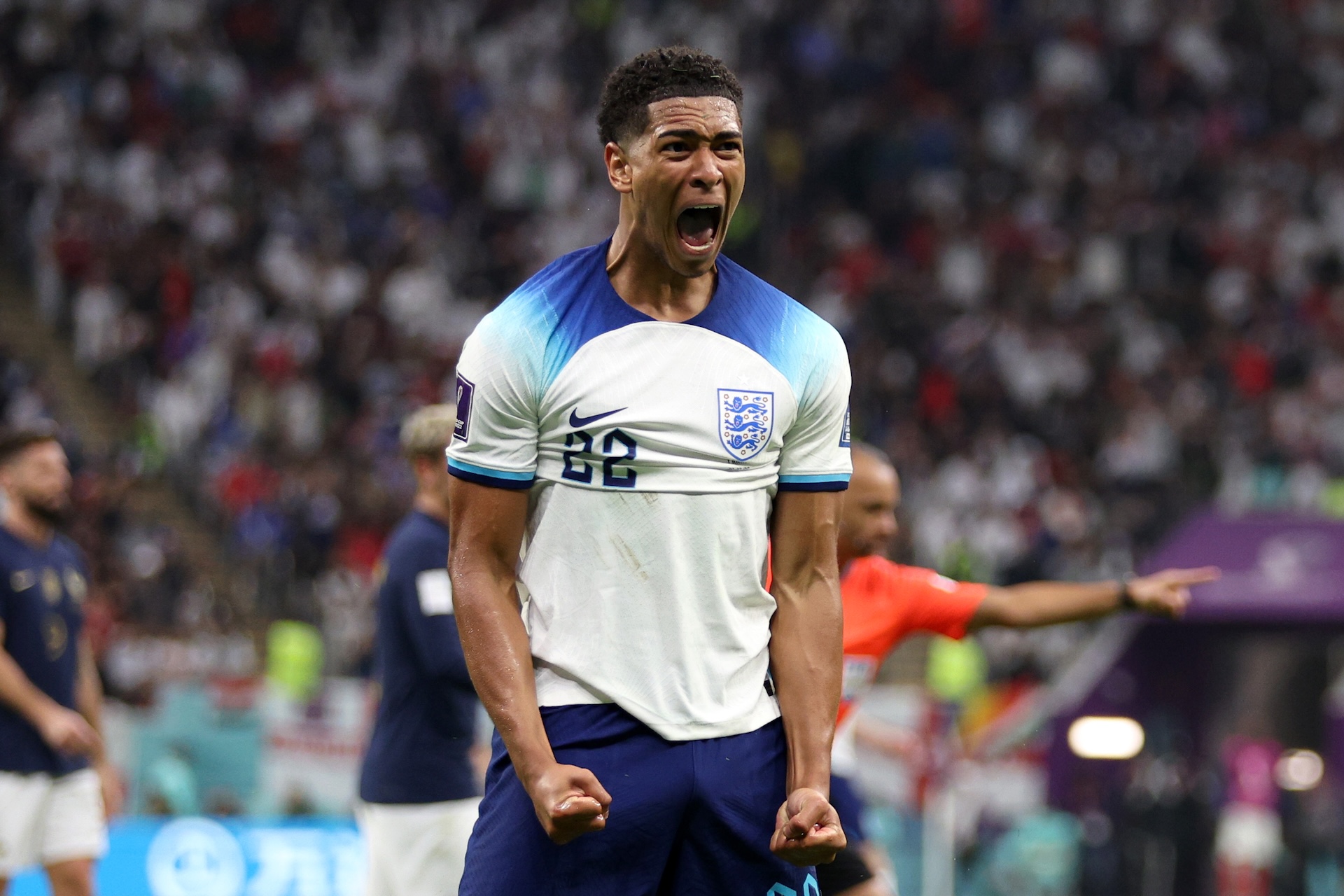 Jude Bellingham of England celebrates after England is awarded a penalty during the FIFA World Cup Qatar 2022 quarter final match between England and France at Al Bayt Stadium on December 10, 2022 in Al Khor, Qatar.