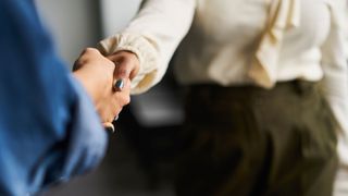 Woman shaking hand of colleague in an office