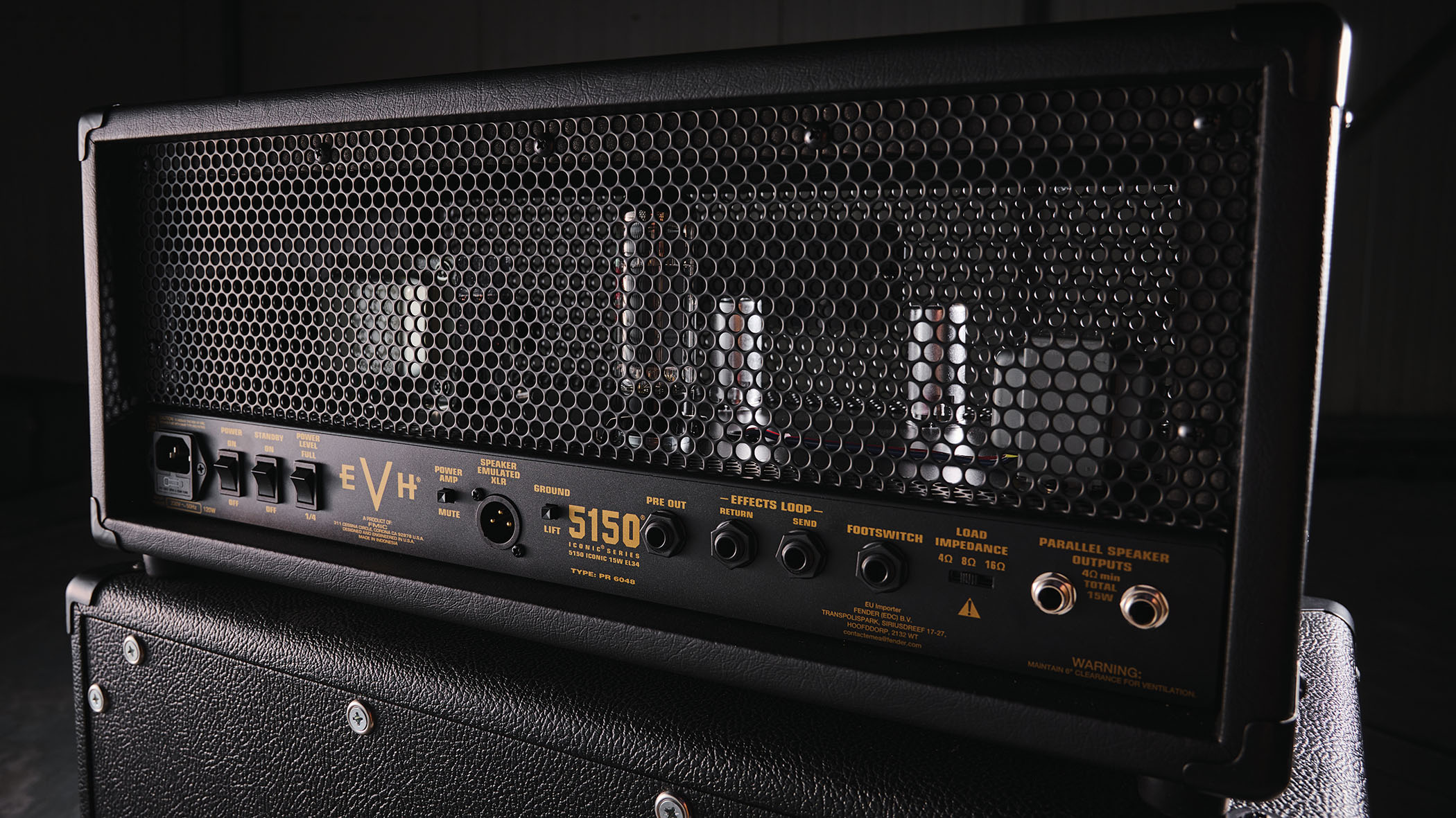 EVH 5150 Iconic Series 15-watt head: the black amp with gold control panel is photographed in close-up