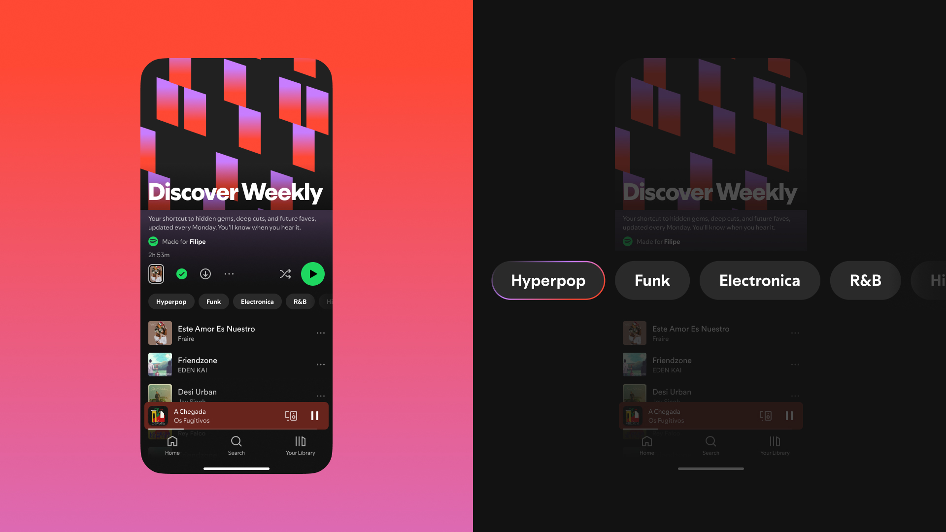 Spotify's new upgrade of its Discover Weekly playlist, featuring a new sub-genre filtering option