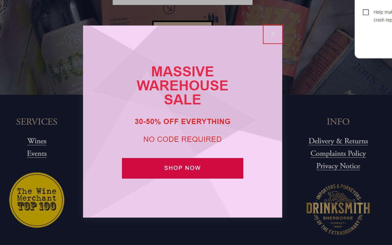 A screenshot of The Drinksmith's website with clearance sale pop-up