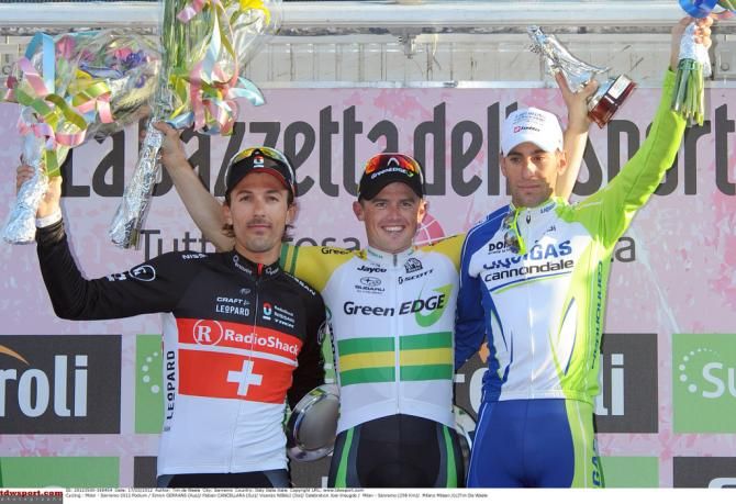 The 2012 Milan-San Remo podium of Fabian Cancellara, Simon Gerrans and Vincenzo Nibali