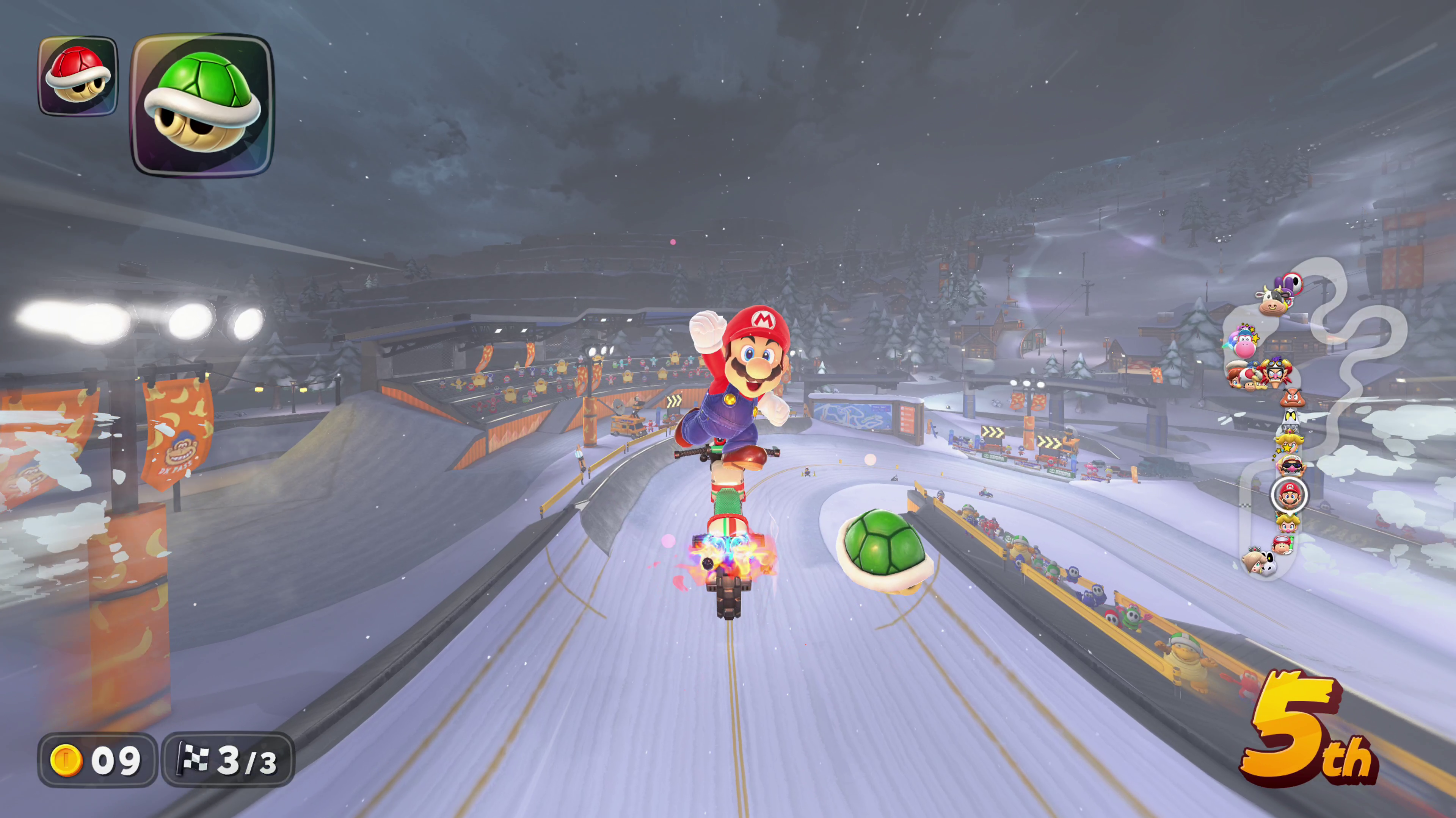 Mario Kart World screenshot with Mario boosting over a jump