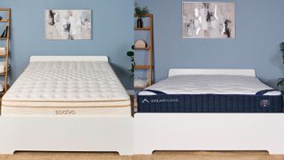 A split screen of the Saatva Classic Hybrid and the DreamCloud Classic Hybrid mattresses.