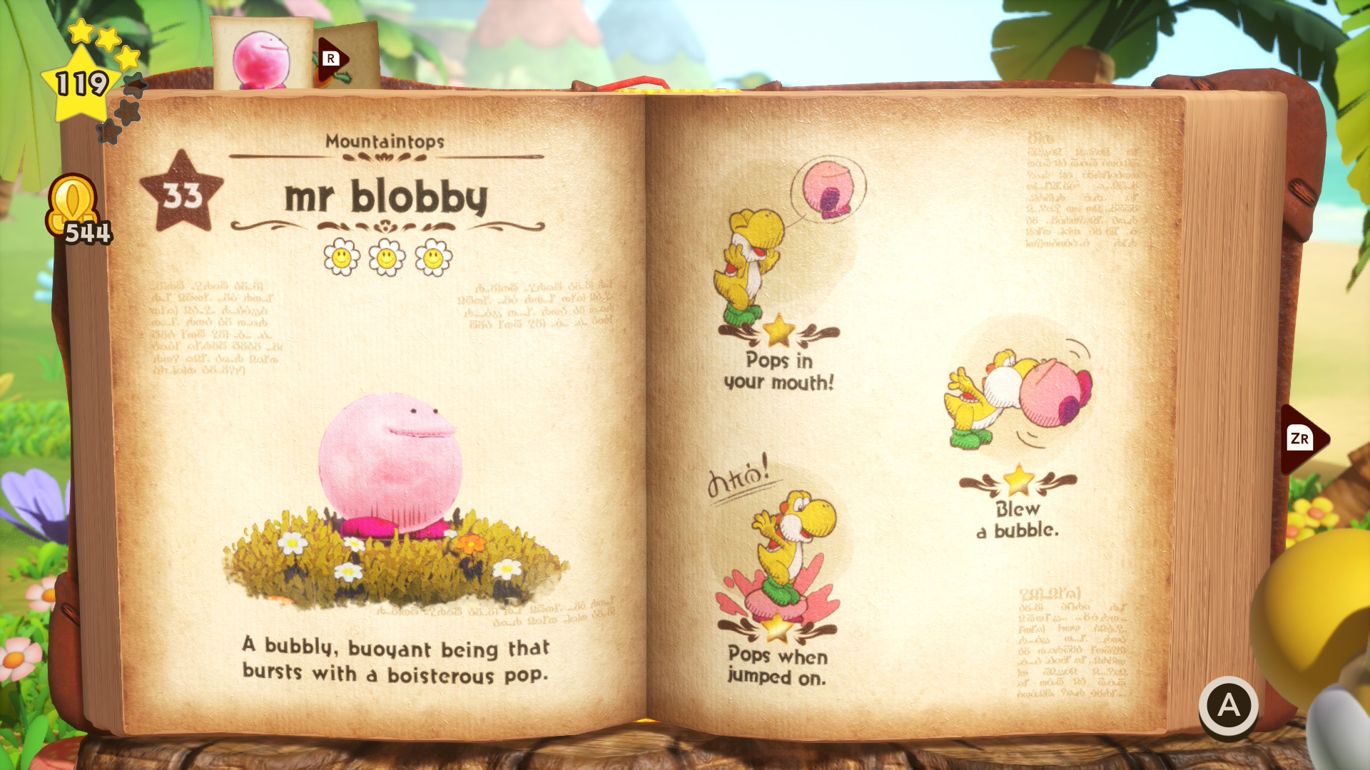 A pink creature in the book logged in Yoshi and the Mysterious Book