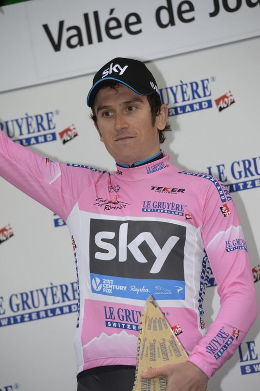 Geraint Thomas in the pink mountain classification jersey