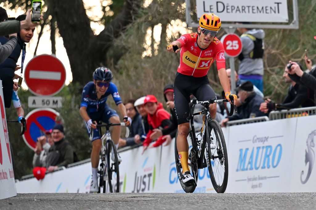 MONT-FARON, FRANCE - FEBRUARY 16: Tobias Halland Johannessen of Norway and Team Uno-X Pro Mobility celebrates before arriving at the finish line and is second during the 1st Classic Var 2024 a 184.3km one day race from Saint-Raphael to Mont Faron 499m on February 16, 2024 in Mont Faron, France. (Photo by Billy Ceusters/Getty Images)