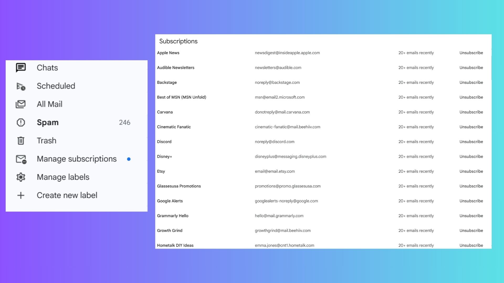 screenshot of Manage Subscriptions