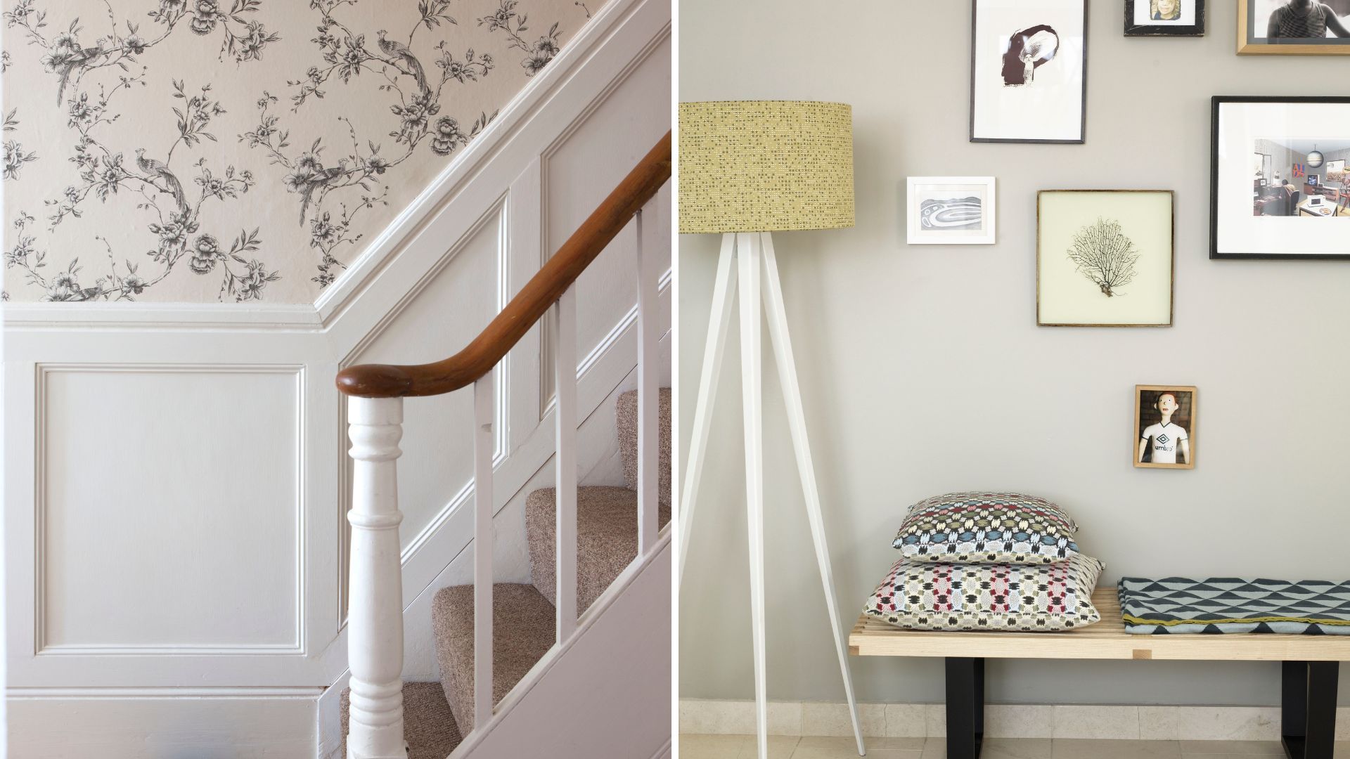 Compilation image showing clean walls in a hallway with panelling and a living room with a gallery wall to suggest cheap home improvements to add value