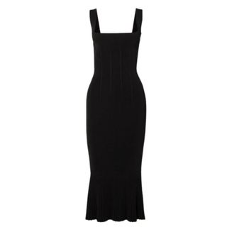 black bodycon dress with square neckline and frilled hem