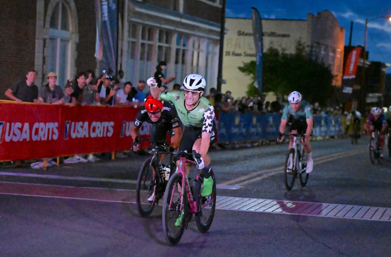 Lucas Bourgoyne (Team Cadence Cyclery) wins the sprint ahead of Alfredo Rodriguez (City Bikes), on left, and Michael Garrison (MGR pb +Speed l Studio) in 2025 pro men's race