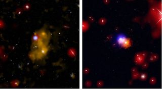 The image on the left is a blob of glowing hydrogen gas. Image on the right, blue light is evidence of a growing supermassive black hole.