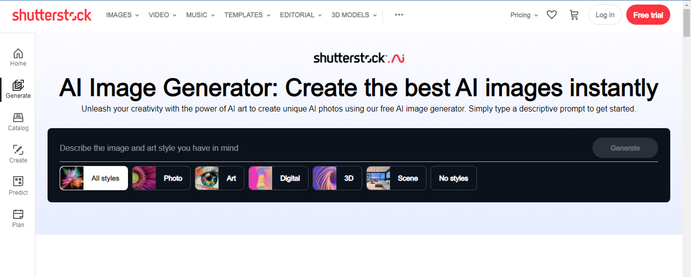 Website screenshot for Shutterstock AI Image Generator