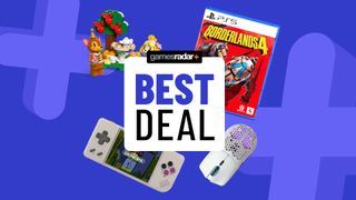 PS5 games, retro handhelds, Lego Animal Crossing and a gaming mouse on a blue background with best deal badge
