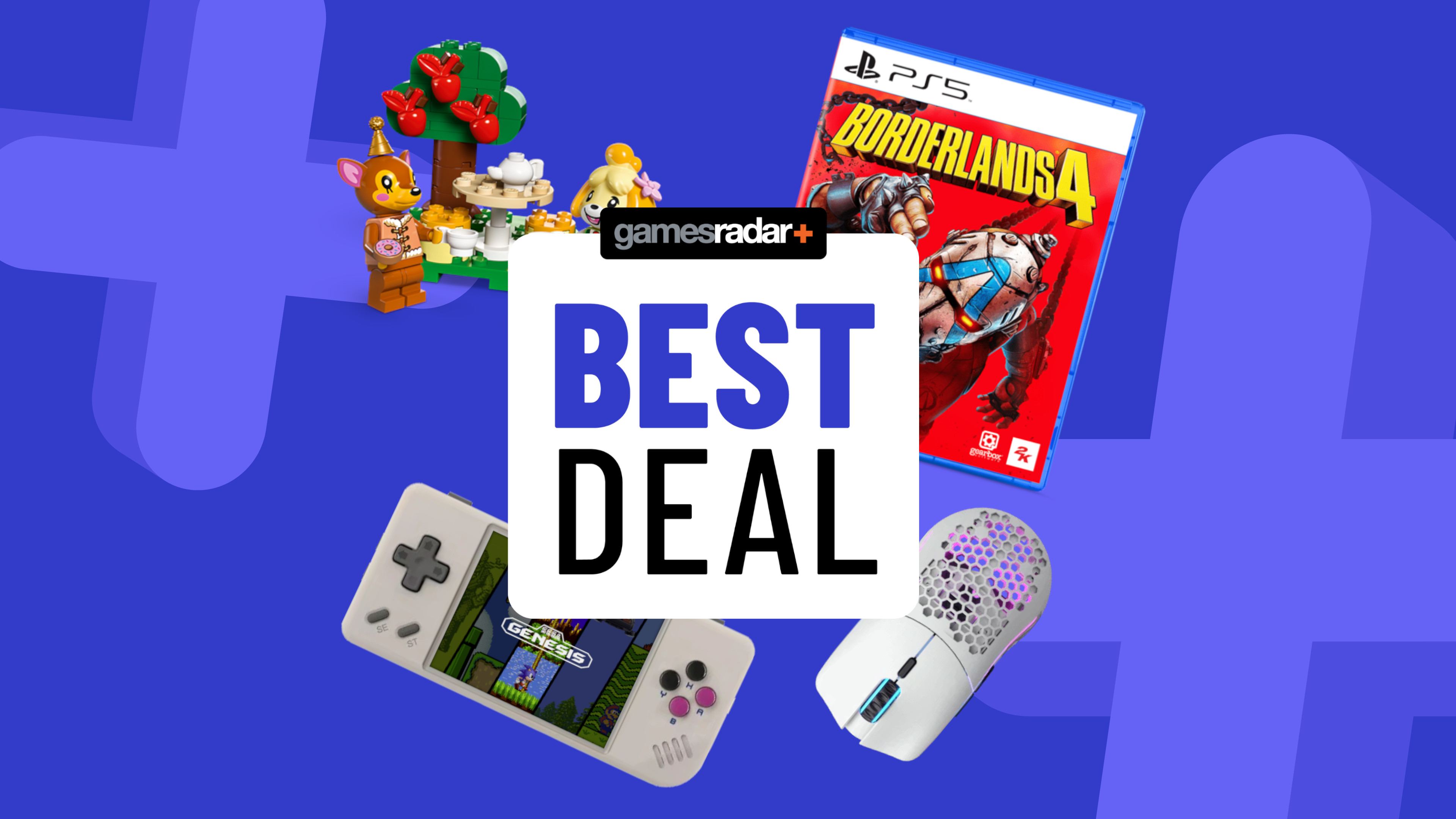 PS5 games, retro handhelds, Lego Animal Crossing and a gaming mouse on a blue background with best deal badge