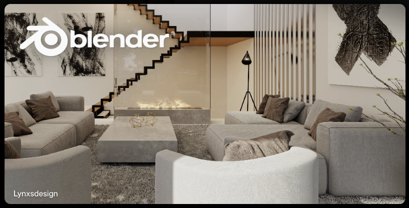 Blender 4.1 promo shot of a living room scene with &#039;Blender&#039; in the corner