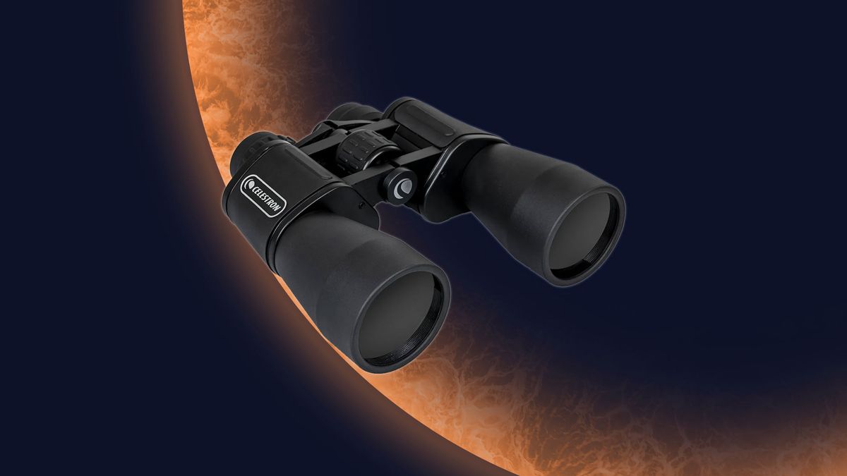 Celestron EclipSmart 12x50 binoculars against an orange planet background