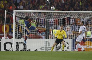 Lionel Messi scores a header for Barcelona against Manchester United in the 2009 Champions League final in Rome.