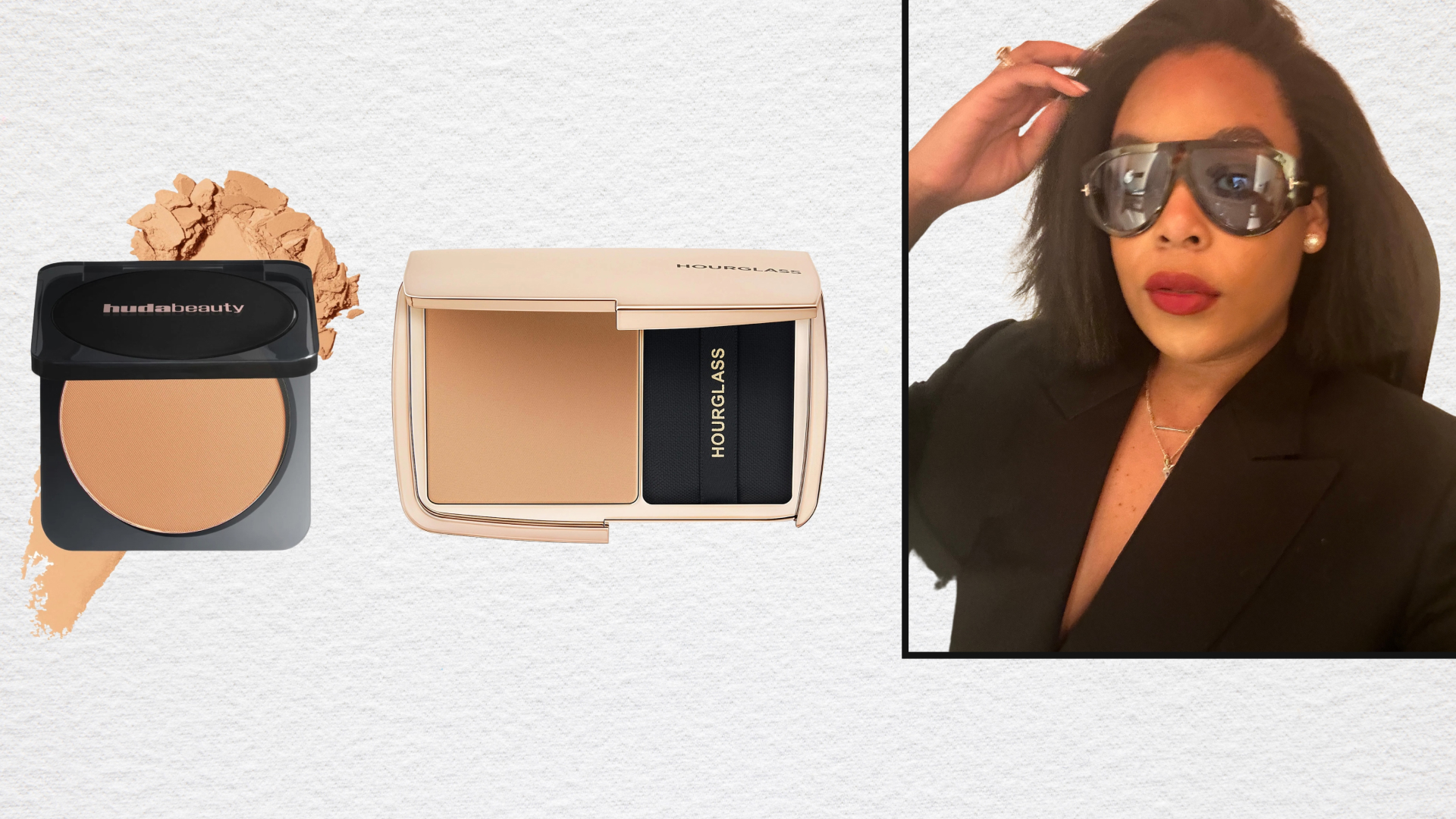 Ariel Baker's headshot next to two setting powders.