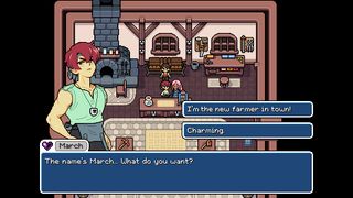 Fields of Mistria screenshot shows a character by the name of March introducing themselves to the new farmer in a shop