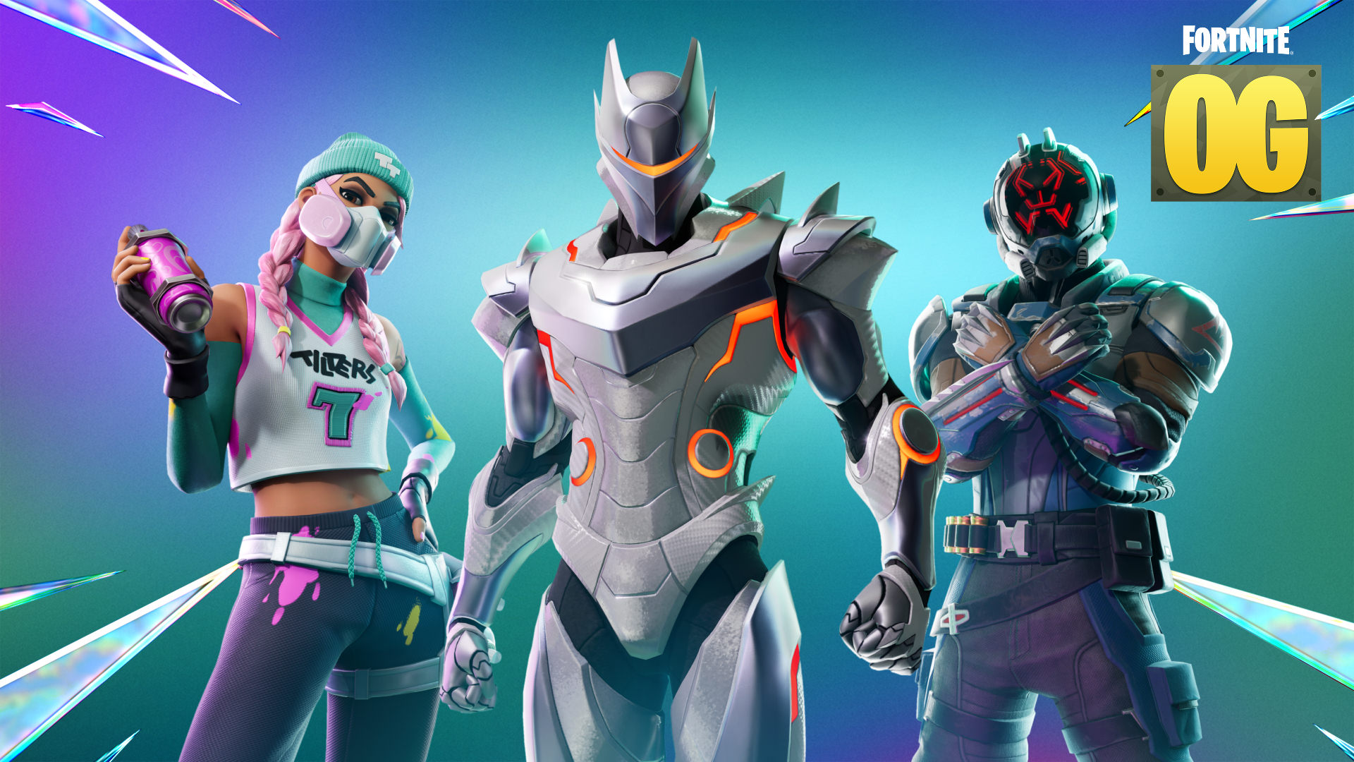 A character in blue and pink streetwear stands next to a silver robot with orange trim, and a battle armor-clad character with a robotic helmet on.