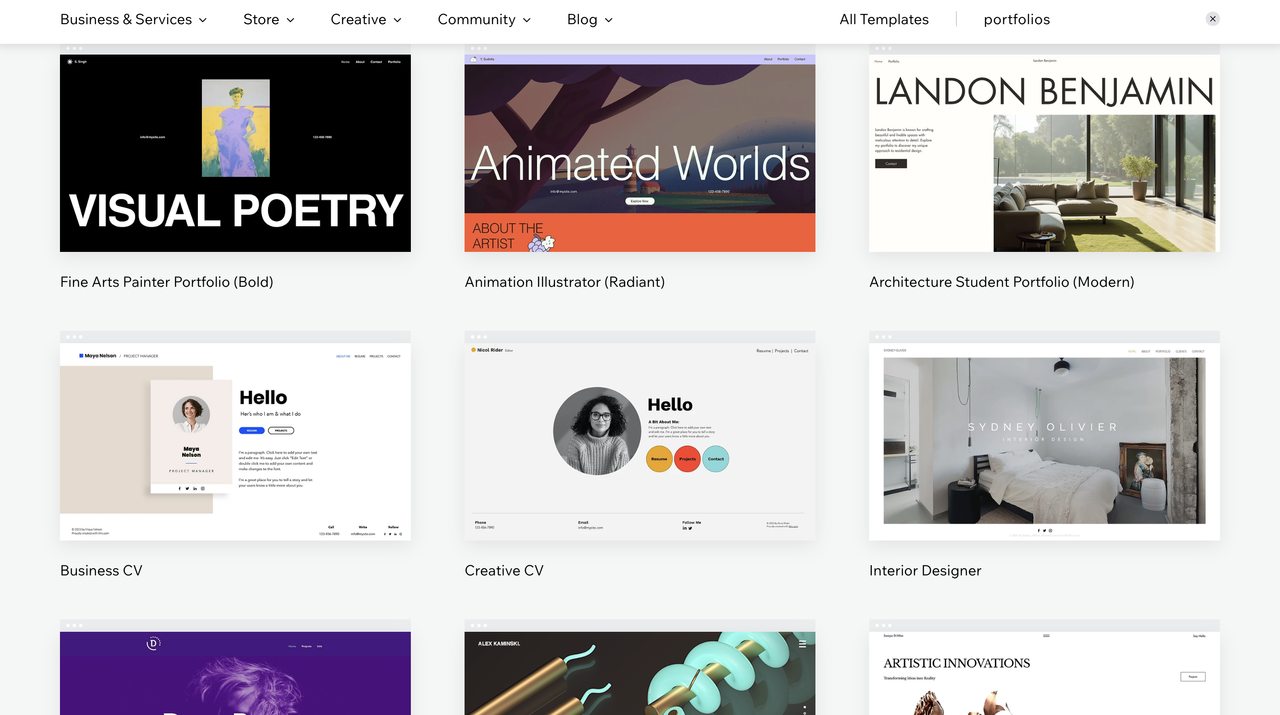 Selection of Wix templates