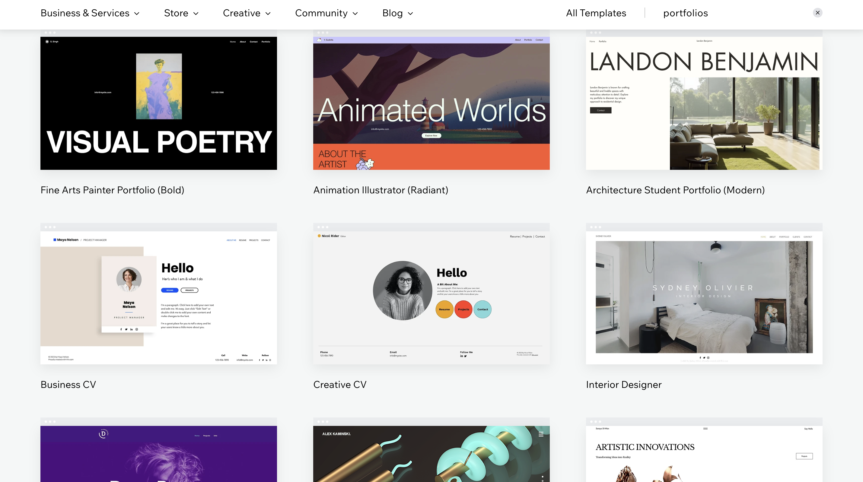 Selection of Wix templates