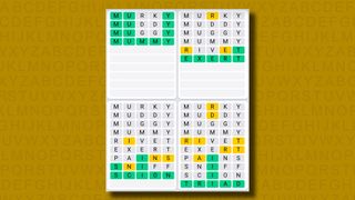 Quordle Daily Sequence answers for game 1147 on a yellow background