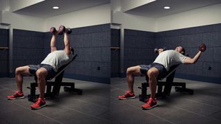 Man demonstrates two positions of the incline dumbbell flye