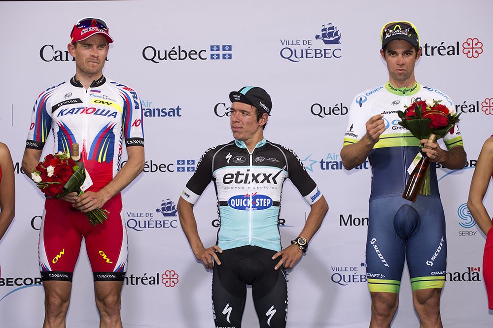 Rigoberto Uran flanked by Alexander Kristoff and Michael Matthews on the podium at the GP de Quebec.