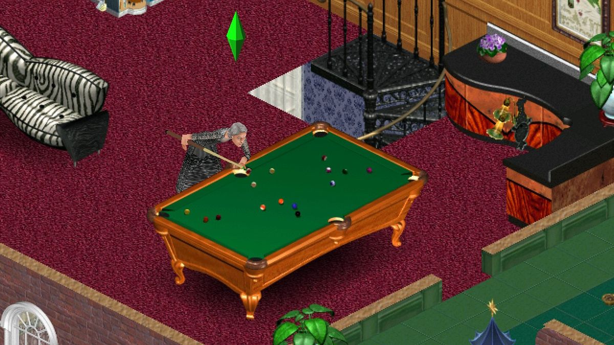 The Sims - a sim plays billiards in a mansion