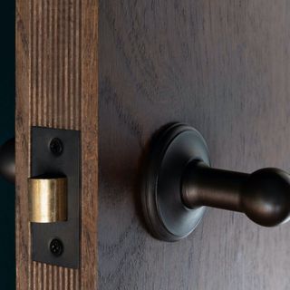bronze door handle and latch on open door