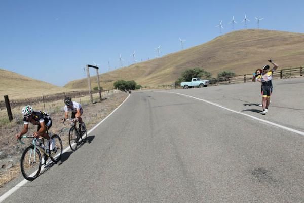 Fans urge on attackers Fabio Duarte (Columbia-Coldeportes) and Nicholas Roche (AG2R La Mondiale) on Patterson Pass.
