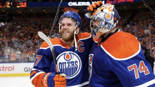 Connor McDavid and Stuart Skinner #74 of the Edmonton Oilers ahead of the Stanley Cup 2024