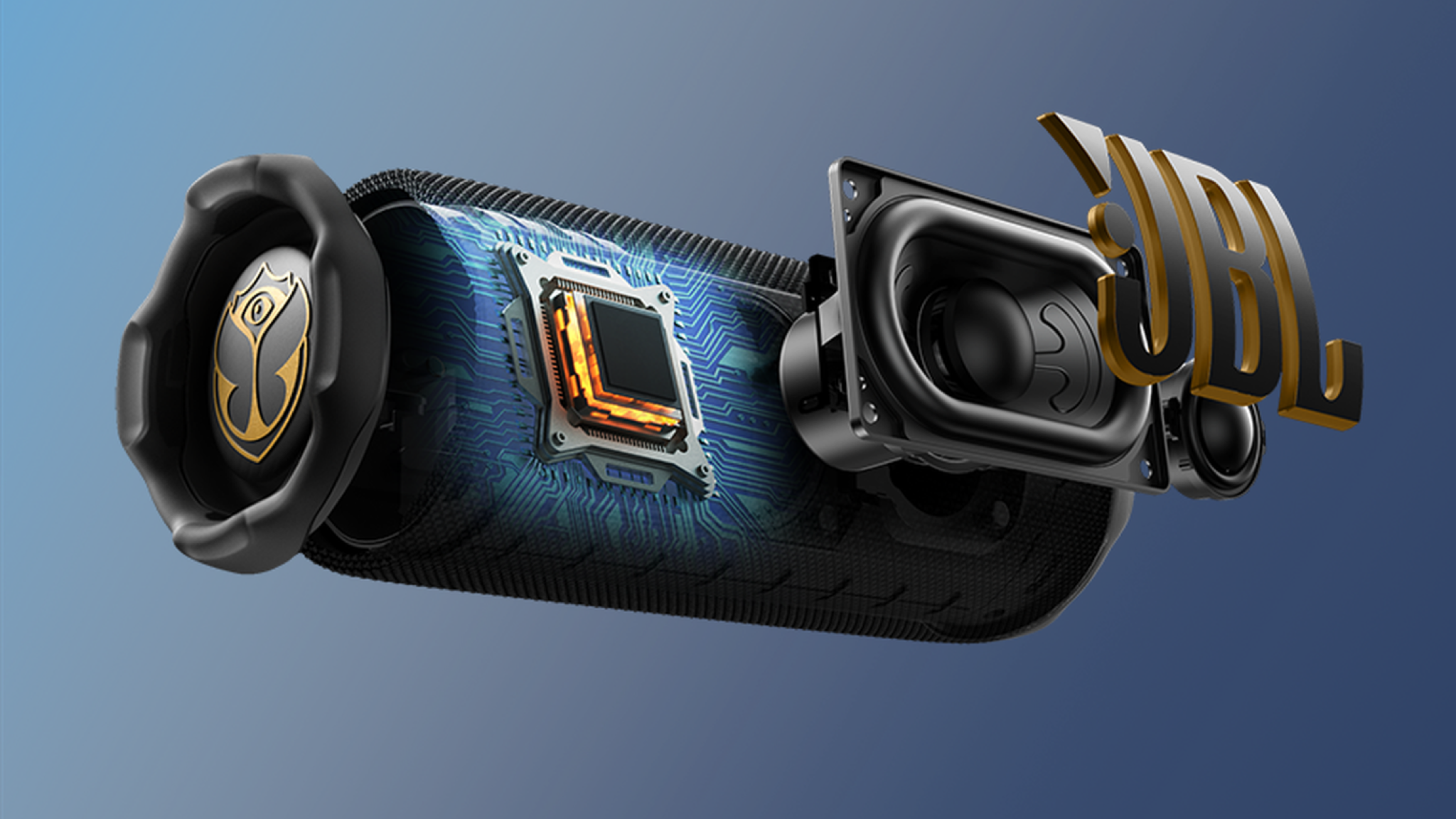 An exploded view of the JBL Flip 7 Tomorrowland speaker