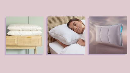 A collage image of three of the best thin pillows in squares, against a pink background