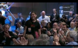 Clara Ma, who provided the winning name of Curiosity for the Mars Science Laboratory rover, is acknowledged at the JPL press conference following the successful landing on Mars, August 5, 2012.