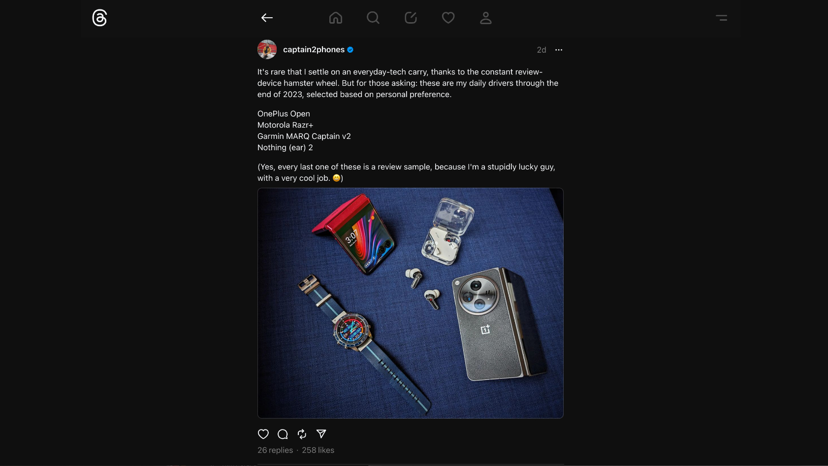 Michael Fisher Threads post showing his favorite devices including a OnePlus Open and Motorola Razr Plus