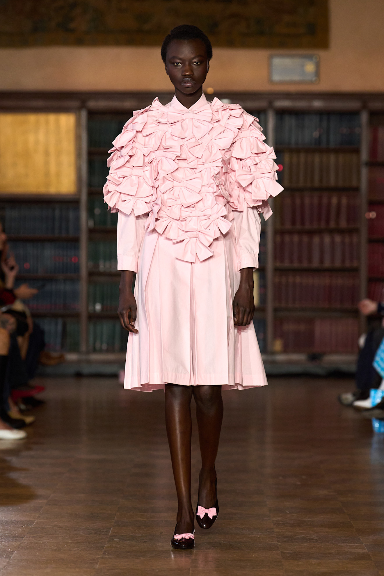 models walk the Sandy Liang Fall 2026 fashion show runway wearing slipper shoes 