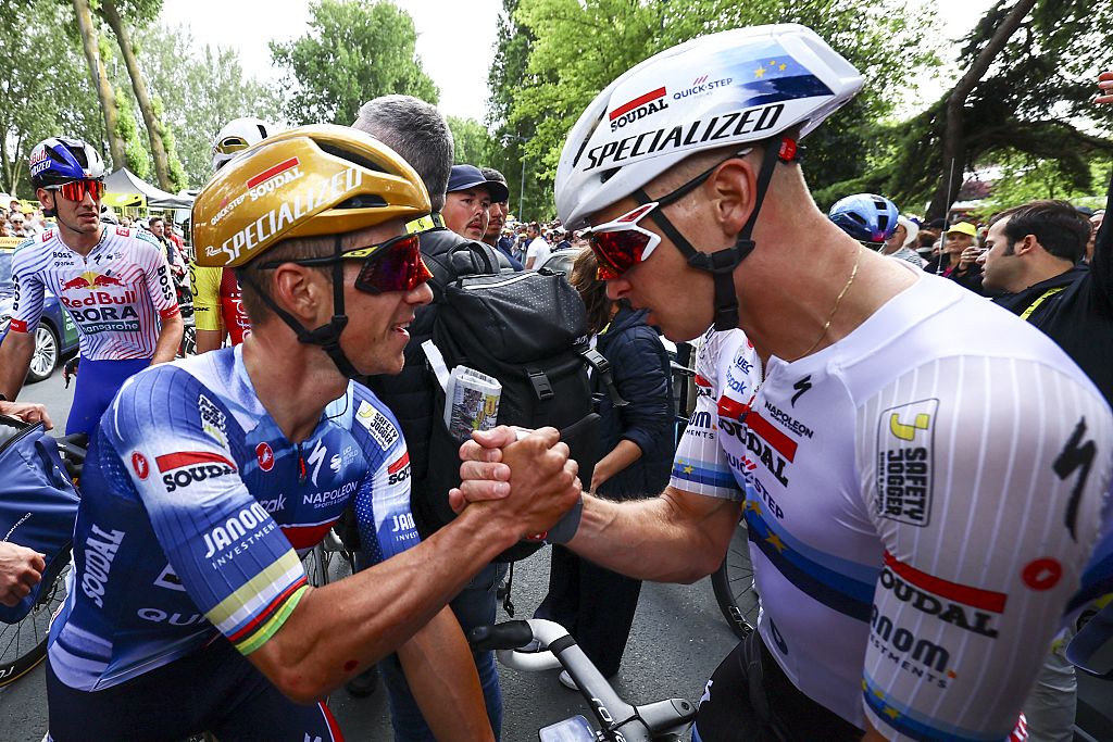 Belgian Tim Merlier of Soudal Quick-Step celebrates after winning the third stage of the 2025 Tour de France cycling, from Valenciennes to Dunkerque (178 km) on Monday 07 July 2025 in France. The 112th edition of the Tour de France starts on Saturday 5 July in Lille, France, and will finish in Paris, France on the 27th of July. BELGA PHOTO DAVID PINTENS (Photo by DAVID PINTENS / BELGA MAG / Belga via AFP) (Photo by DAVID PINTENS/BELGA MAG/AFP via Getty Images)