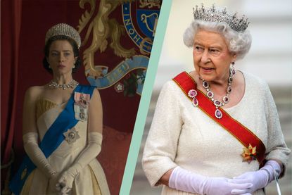Claire Foy as Queen Elizabeth in The Crown, and Her Majesty Queen Elizabeth ll