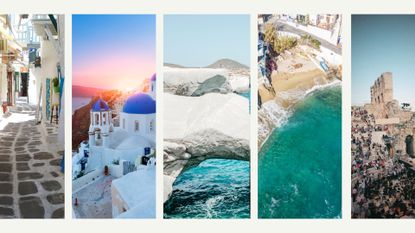 Comp image of the best places to visit in Greece, including Mykonos, Santorini, Athens, Kalamata, Ikaria and Mylos
