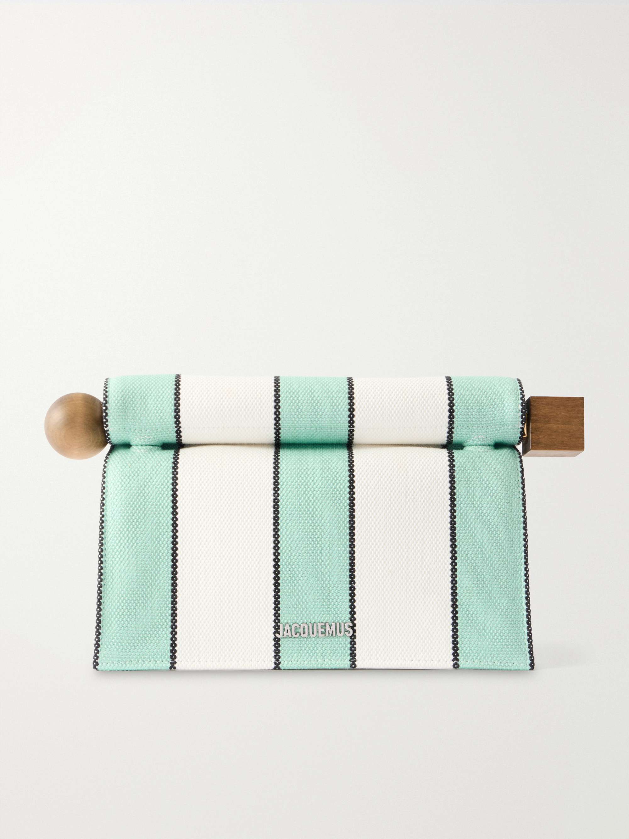 La Plage Leather-Trimmed Striped Cotton Clutch
