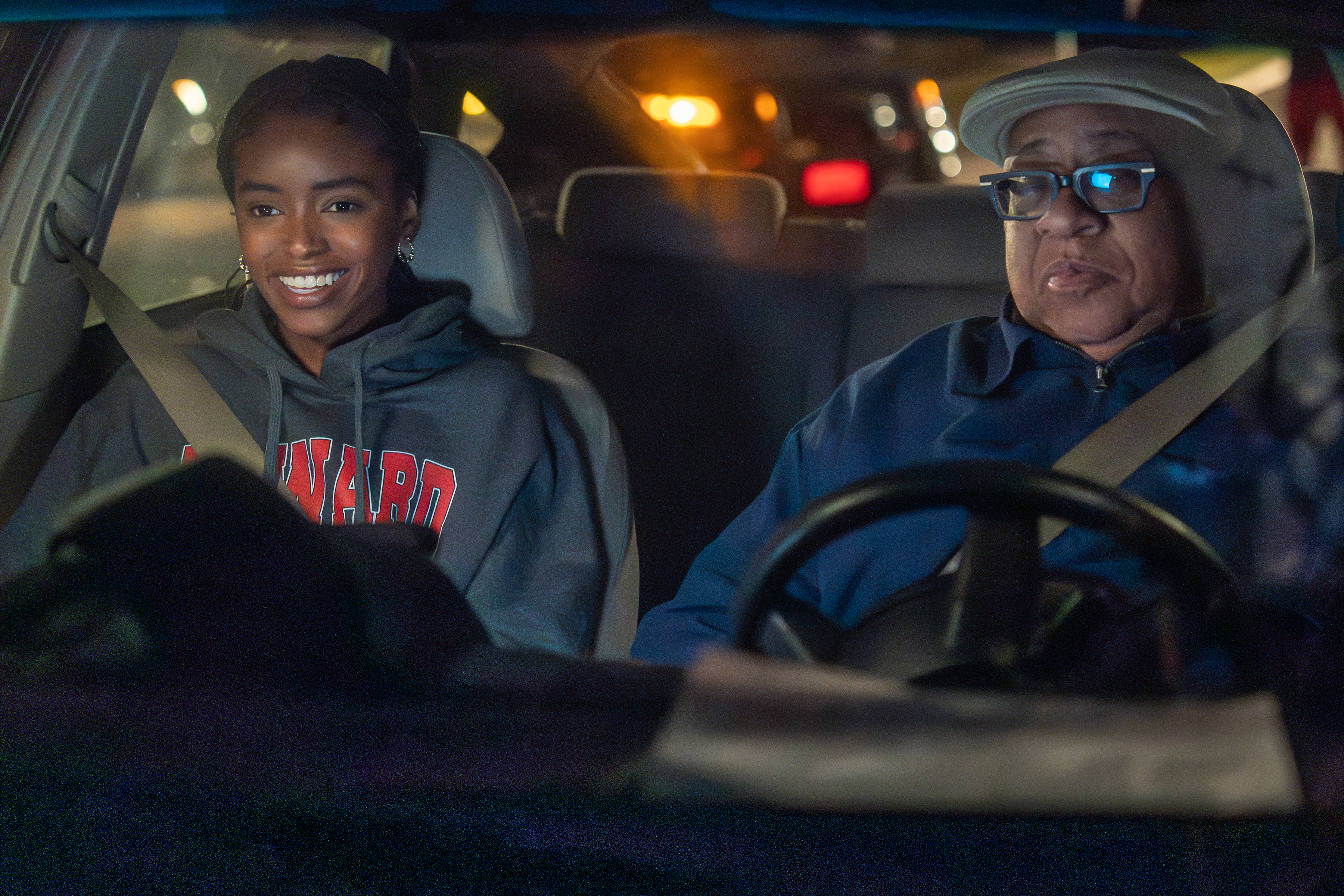 lovie simone as Keisha Clark and Barry Shabaka Henley as George riding in a car together in the tv show forever