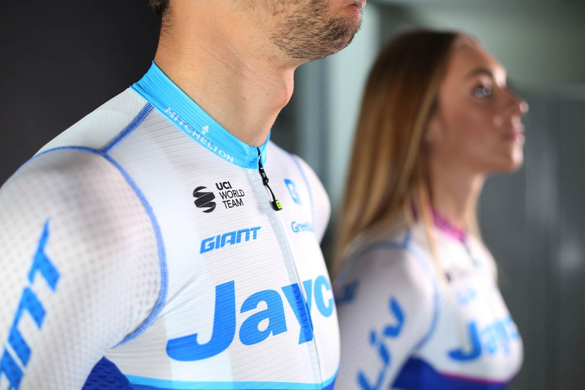 Matteo Sobrero and Letizia Paternoster show off the 2023 Jayco AlUla racing kit