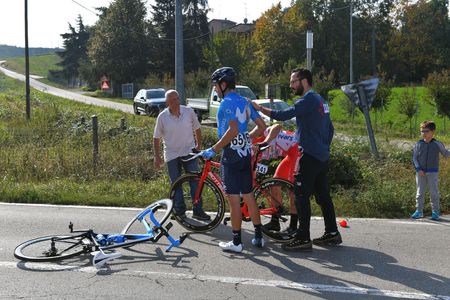 Mikel Landa gets up after crashing at the Challenge Mallorca