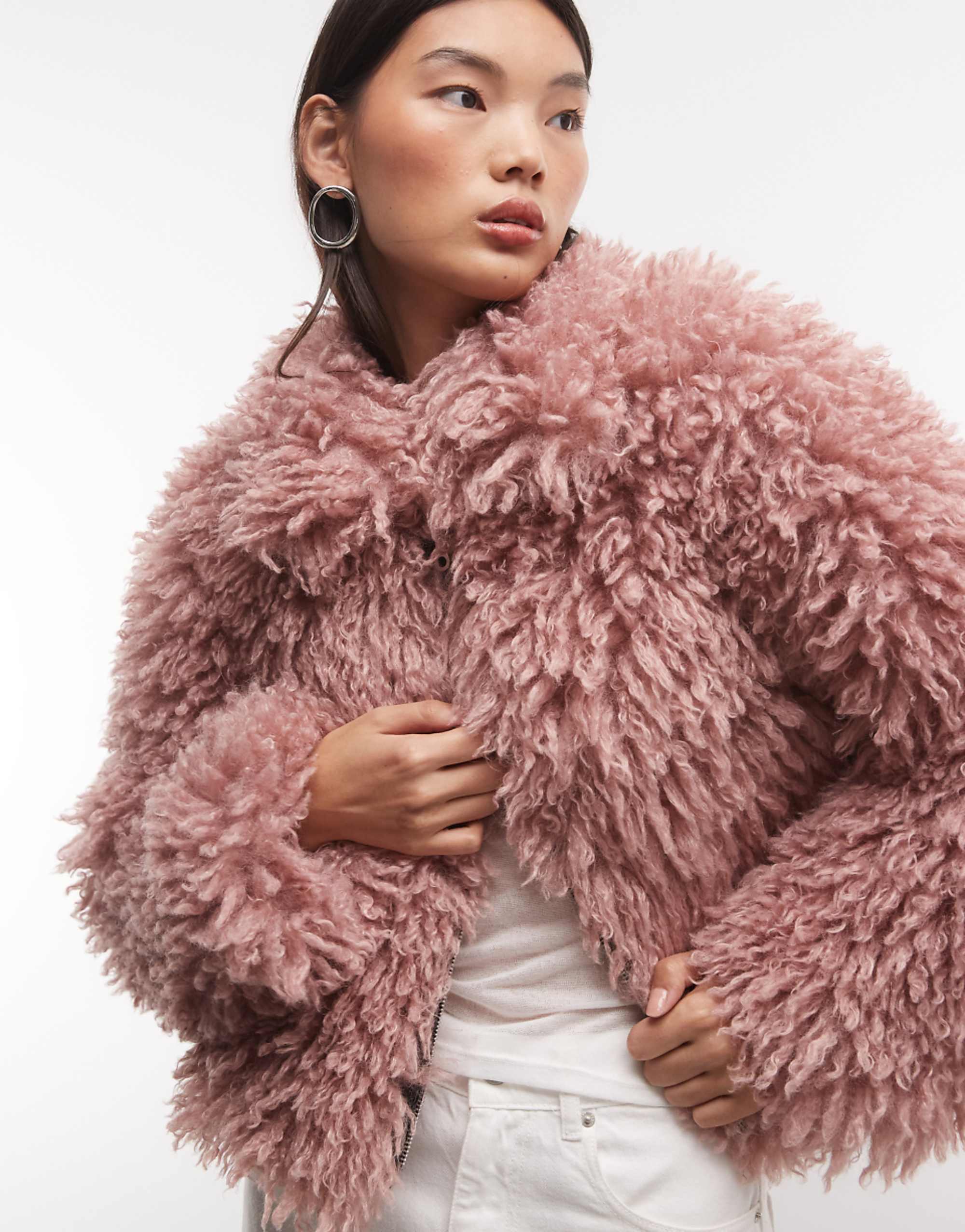 The Ragged Priest Boxy Fitted Shaggy Jacket in Pink