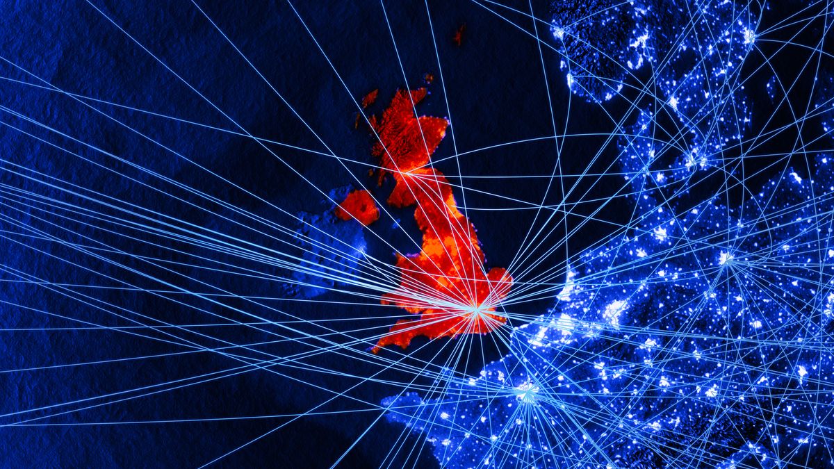 The UK in red and the EU in blue as seen in a digitised map